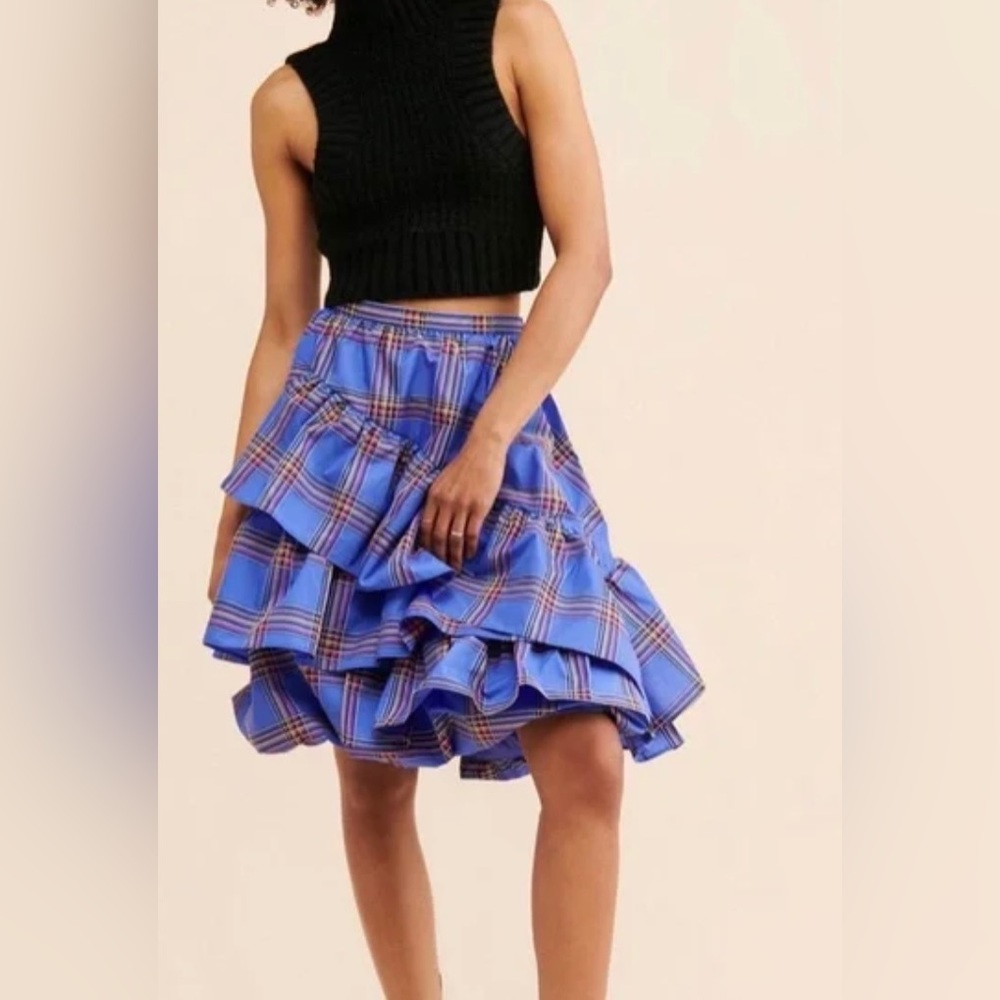 NWT: Maeve by Anthropologie Tiered Ruffle skirt. Blue Motif. Size 8.